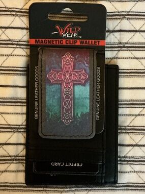 Wild Wear Magnetic Clip Wallet in Black with Pink & Teal Cross Accent